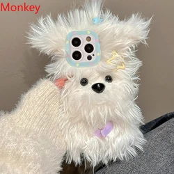 Cute Fluffy Plush Bow Puppy Furry Phone Cases For iPhone 17 Air 16 Pro Max 15 14 13 12 11 Winter Warm Fur Soft Protective Cover