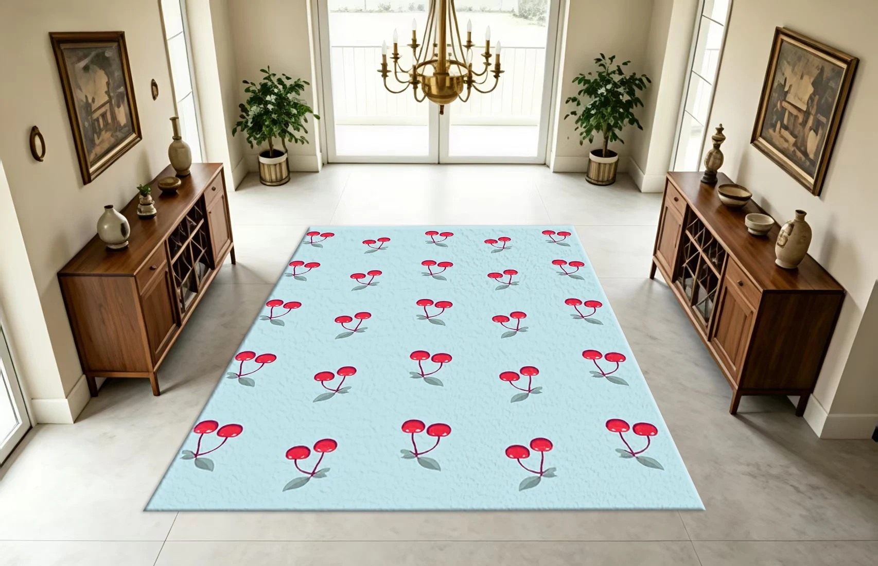 Fresh Light Blue Background Red Cherry Fruit Print Carpet Flooring Simple Sweet Style Home Living Bedroom Floor Mat