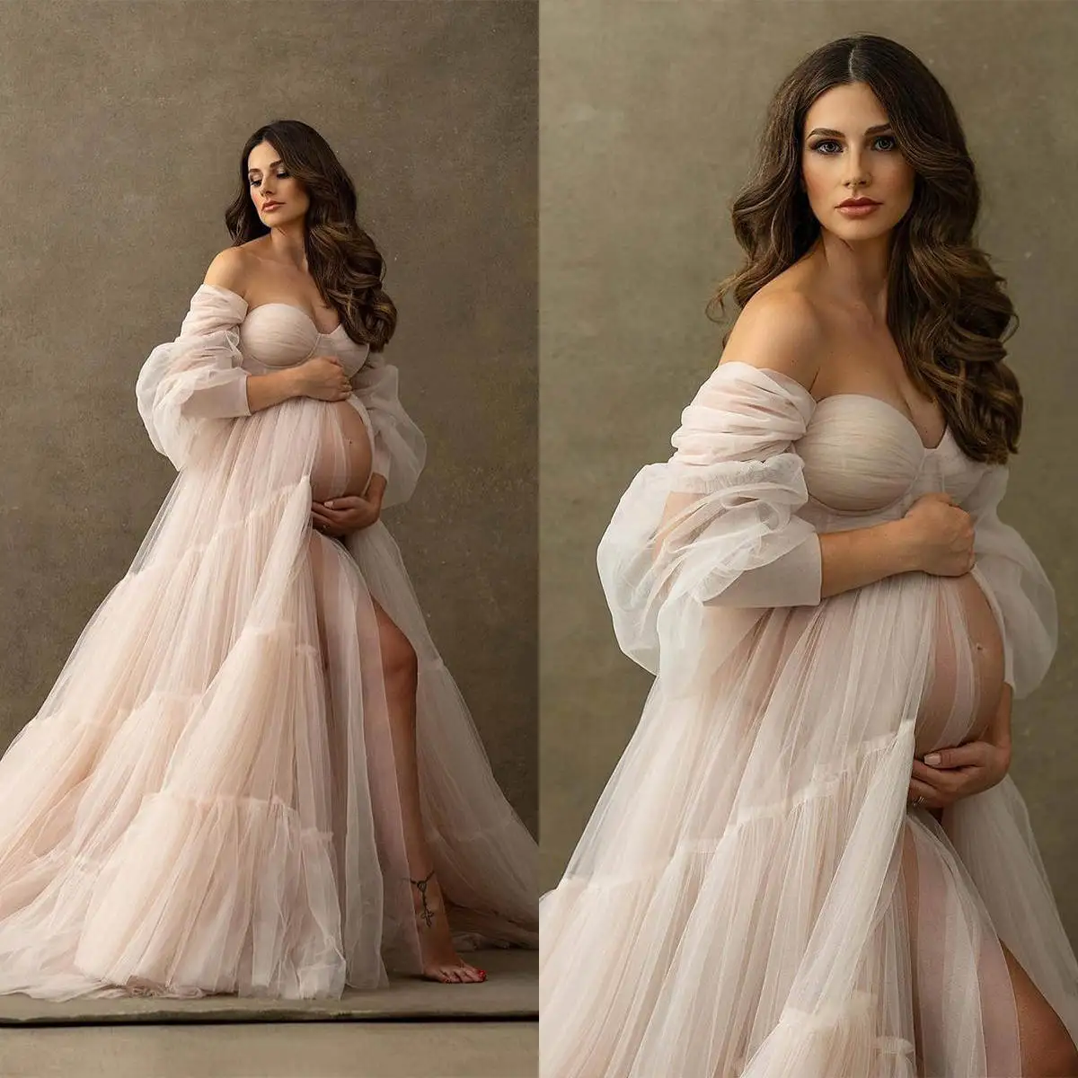 

Soft Long Sleeves Sleepwear V Neck Chic Wedding Robe Nightgown Soft Ruffles Tulle Sweep Train Wedding Pajama Fast Shipping