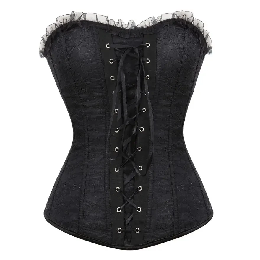 Vintage Style Floral Lace Corsets Bustiers for Women Sexy Front Tie Up Boned Overbust Corset Basque Corselet Elegant Fashion Red