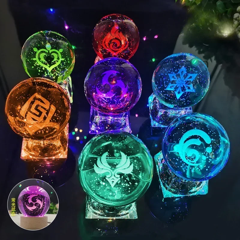 Genshin Impact Luminous 7 Element LED Crystal Ball Eye of Original God Cosplay Toy Ornaments Glass Sphere Home Decoration Gift