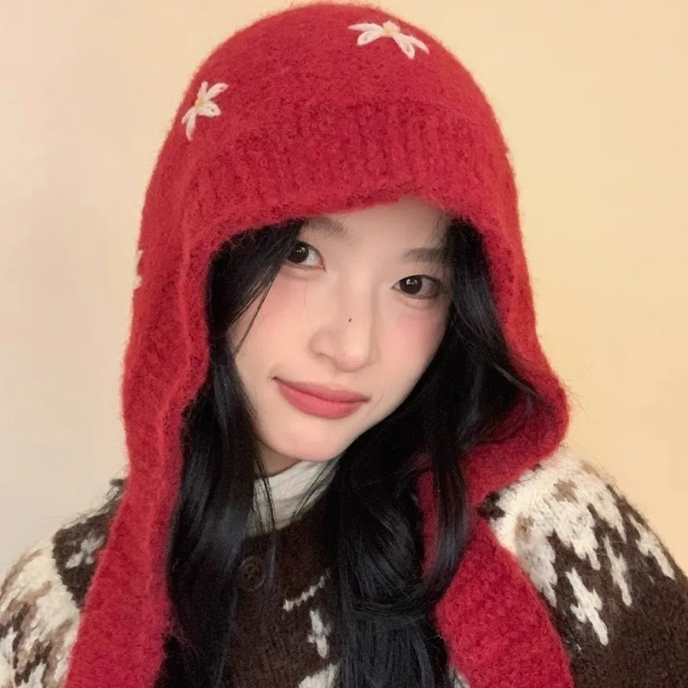 

Модная милая вязаная шапка-балаклава с вышитыми цветами, шерстяная шапка с воротником на шее, морозостойкий пуловер из полиэстера, зимняя кепка