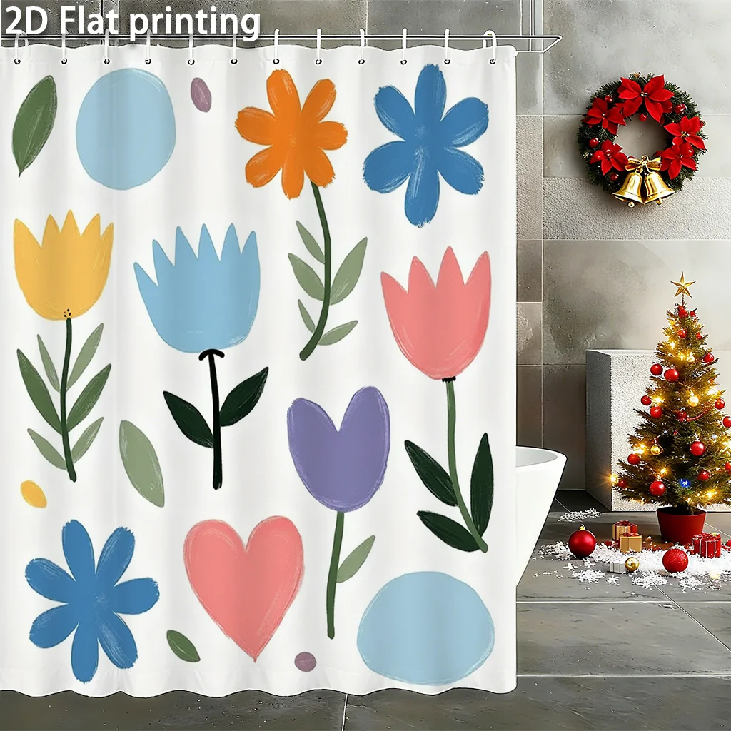 

Красочная занавеска для душа с цветочным узором в виде сердца, 1 шт. – в мультяшном стиле с тюльпанами и кругами, игривый дизайн для детской комнаты или современного декора ванной комнаты.