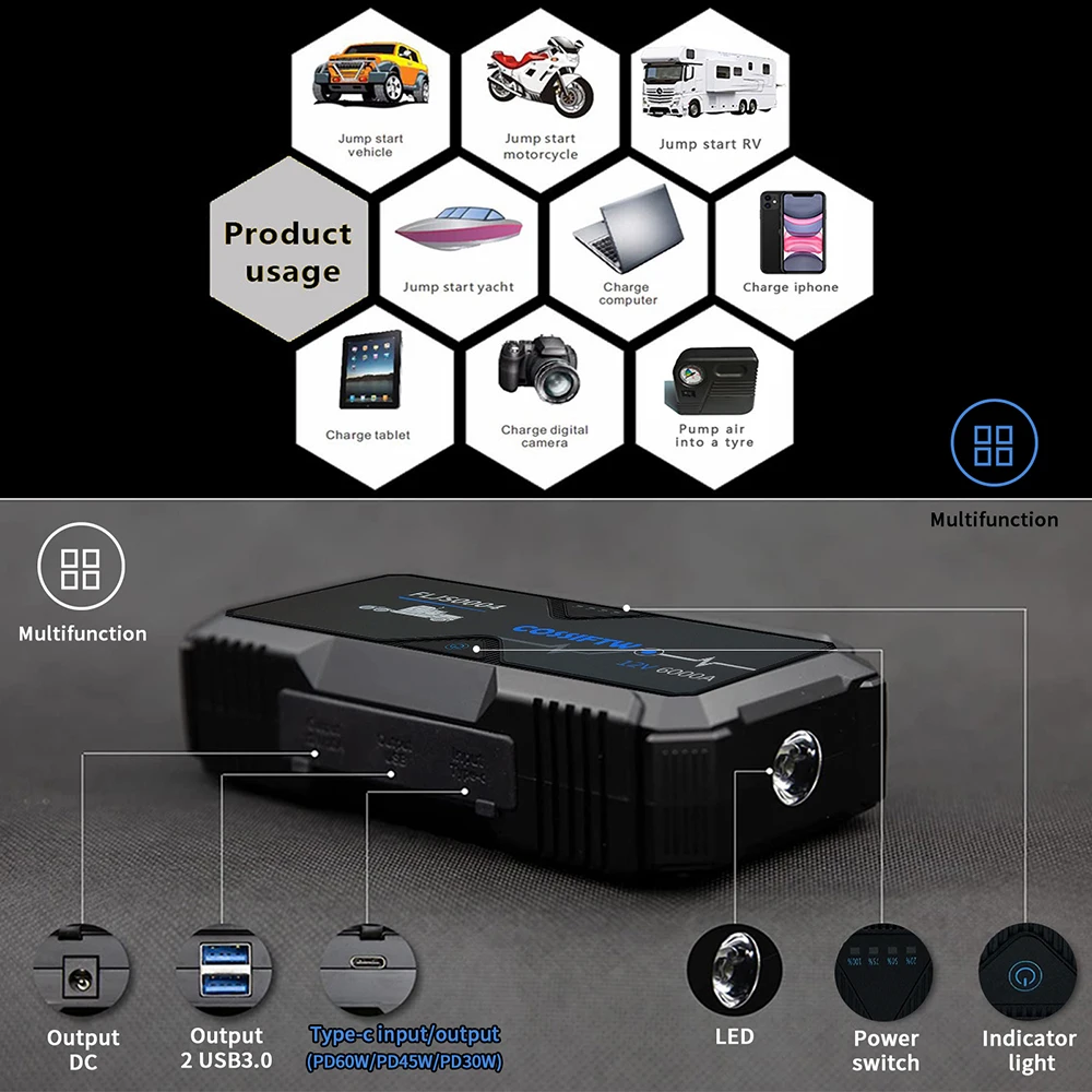 Imagem -05 - Portátil Impulsionador de Emergência Começando Dispositivo para Carregador de Bateria de Carro Diesel 6000a Jump Starter Gás 16.8l até 14.8l Pd60w