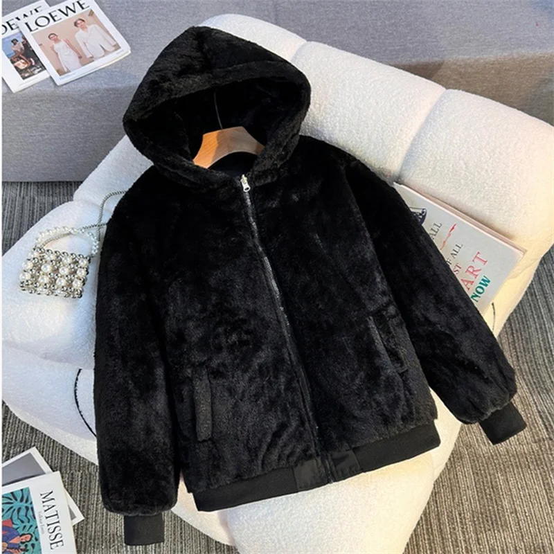 

Black Two-sided Wear Short Parkas Women's Winter Cotton-padded Jacket Hooded Coat Soft Faux Rabbit Hair Liner Loose Outerwear
