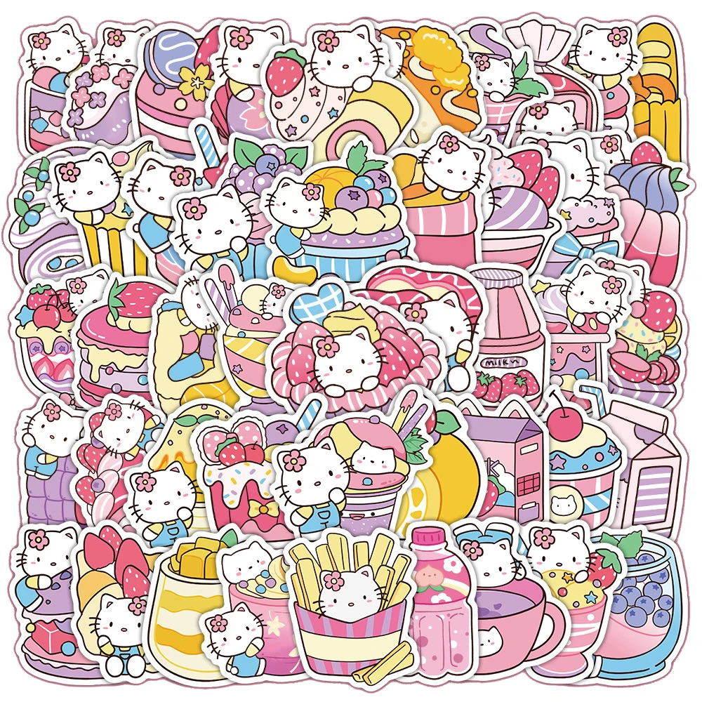 10/30/50/100 pçs bonito engraçado comida olá kitty bolo adesivos kawaii dos desenhos animados sanrio decalques portátil geladeira telefone adesivo para crianças brinquedo