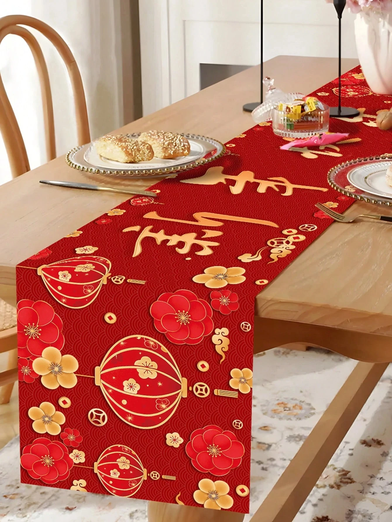 JIT Chinese New Year Happy Table Runner 2D Flat Print Festive Decor Dining Table Kitchen Table Runner Charming Functional Joyful