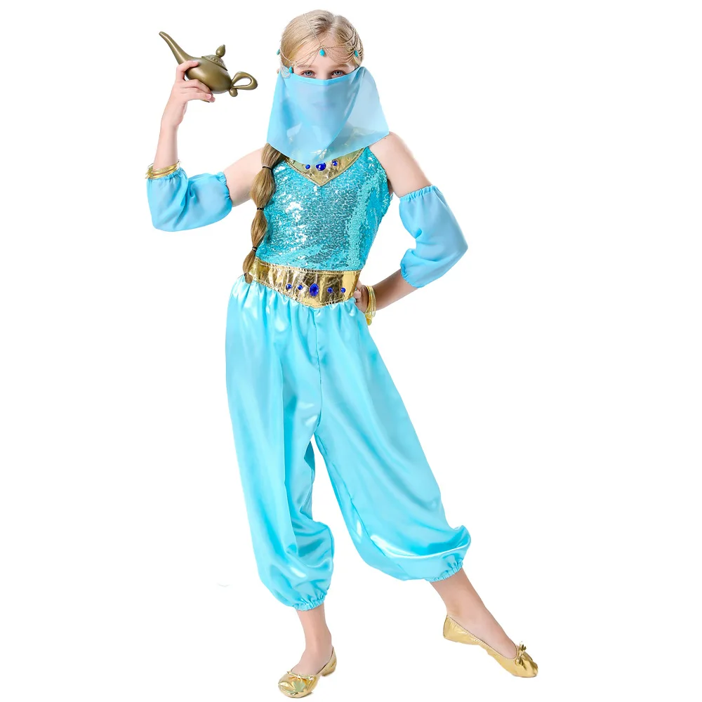 Costume d'Halloween de Princesse Jasmine pour Fille, Combinaison de brevdu Ventre, Aladdin, Lampe, Enfant, Pourim, Robe de Barrage Arabe