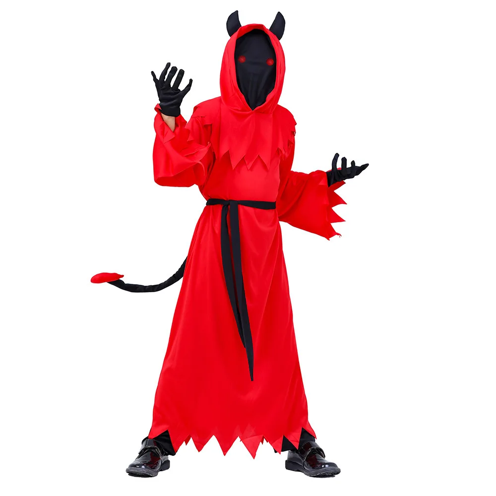 Red Evil Devil Horn Cosplay Traje para crianças, Manto do Dia das Bruxas, Personagem do Diabo, Vermelho, Morte