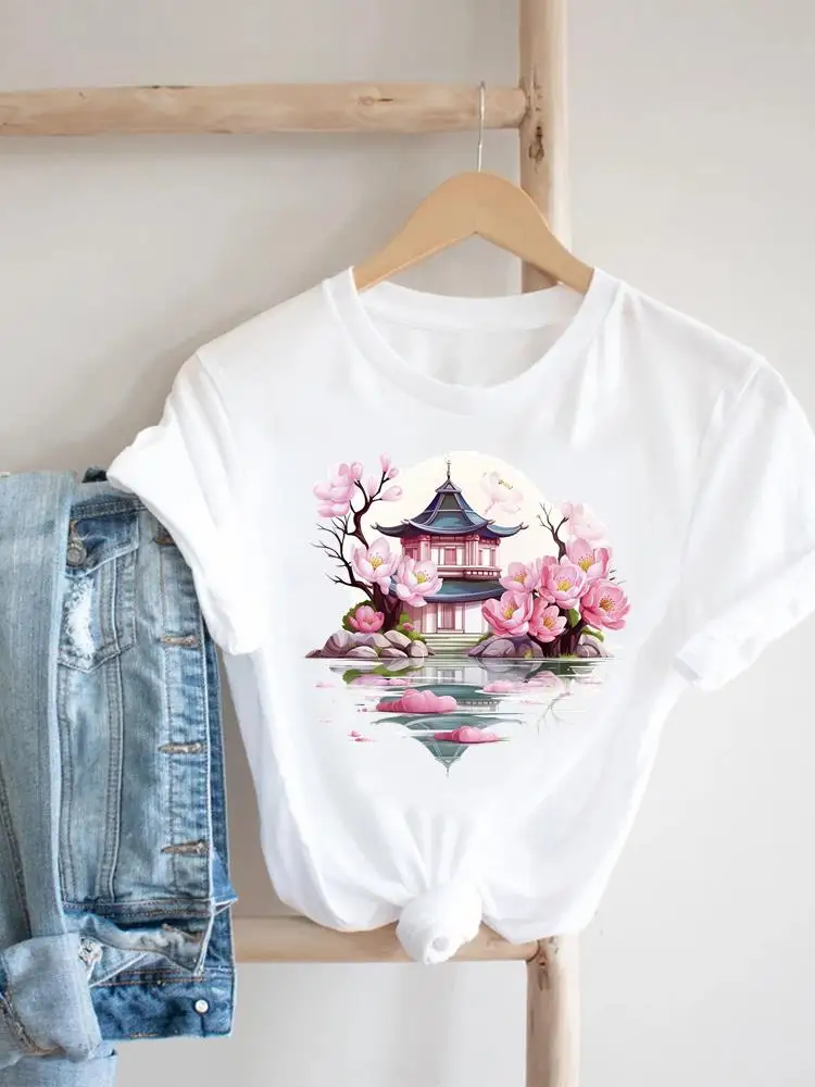 

Trend Lovely Flower Cute Women Print White T Shirt Short Sleeve Tee Ladies Casual Top Female Clothing Fashion Graphic T-Shirt