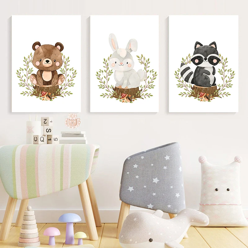 Fox Rabbit Bear Raccoon Hedgehog Squirrel Kindergarten Art Wall Canvas Painting Poster Children's Room Bedroom Home Decoration