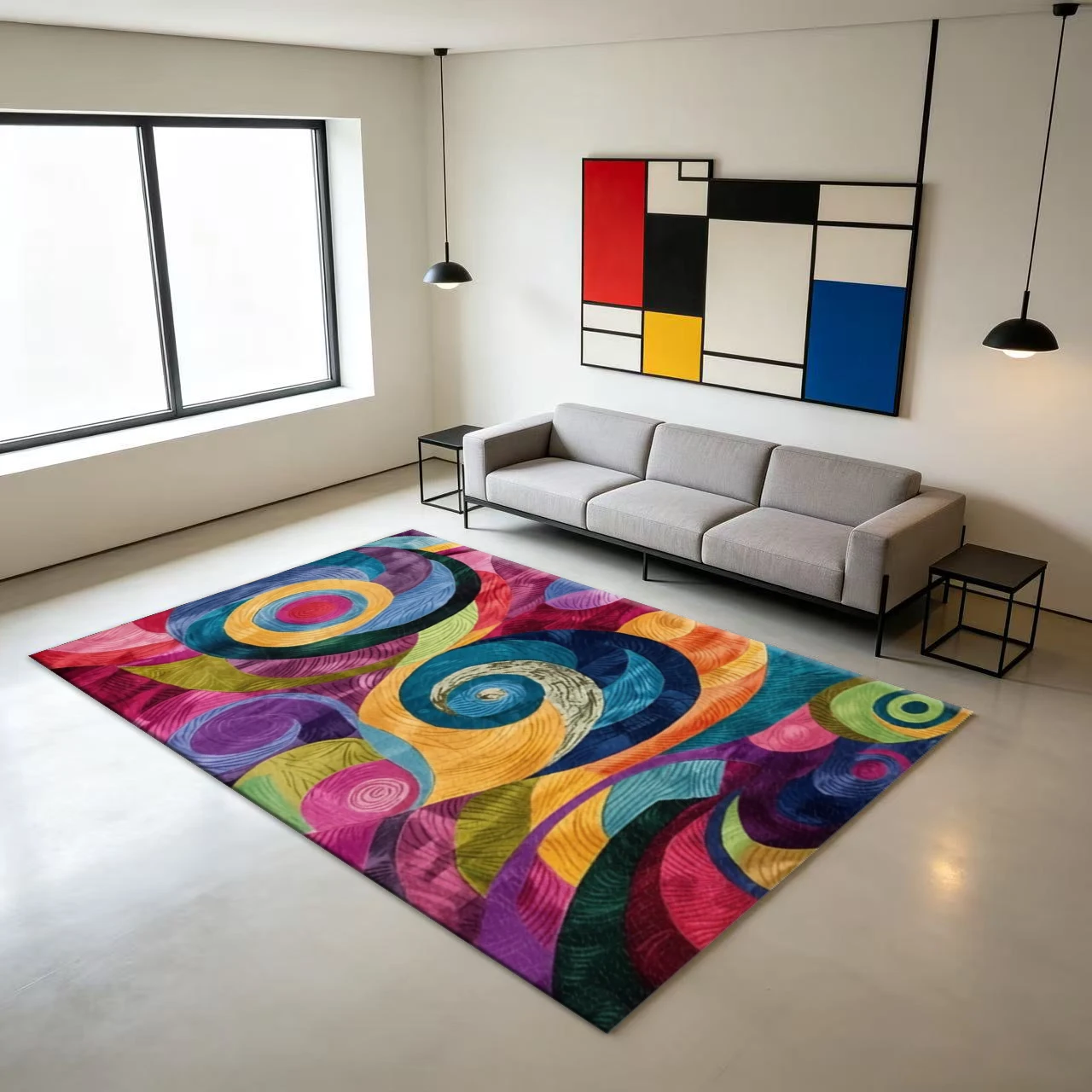 Colorful Swirl Abstract Pattern Rug, Colorful Curved Spiral Pattern, Modern Home Living Room Floor Carpet
