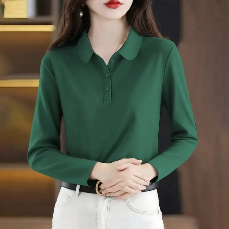 

Women's Elegant Polo Neck Long Sleeve Blouse Solid Color Button-down Casual Top