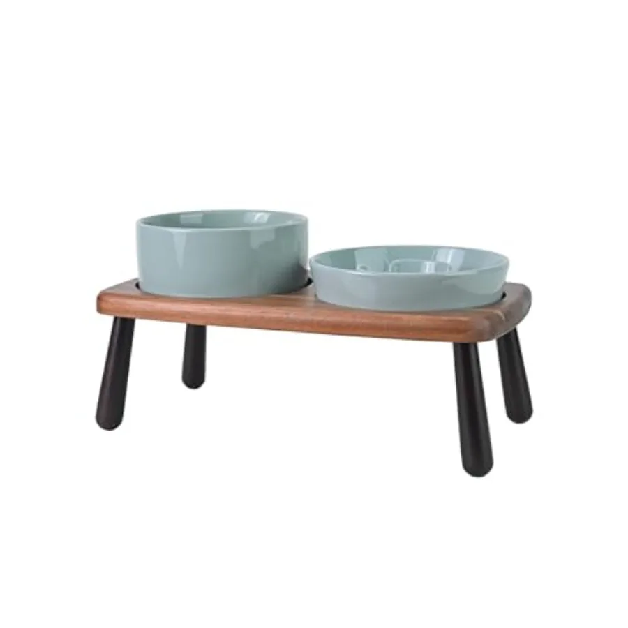 

Керамические приподнятые миски для собак с функцией медленного кормления, на подставке из бамбукового дерева акации, 6,1 дюйма, набор мисок для еды и воды для собак и кошек, нескользящие