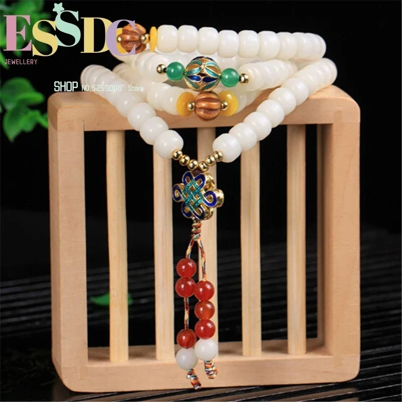 Natural Hainan White Bodhi Root Beads 108 Mala Bracelet or Necklace with Cloisonne Chinese Knot Pendant Women Yoga Jewelry