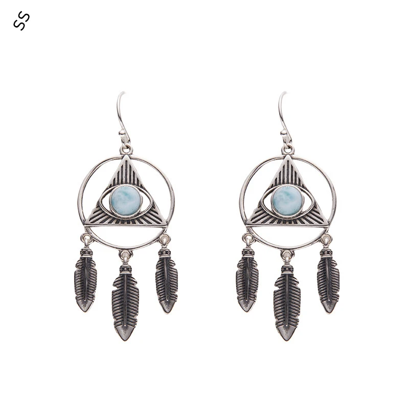 

Retro Ethnic Style S925 Silver Earrings with Natural Larimar Hollow-out Tassel Stud Ear-hook Pins Jewelry Accessories for Women