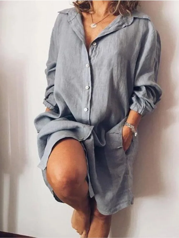 

Women Fashion Solid Shirts Dress Casual Long Sleeve Turn-down Collar Button Loose Dresses Robe Femme Elegant Office Clothes New