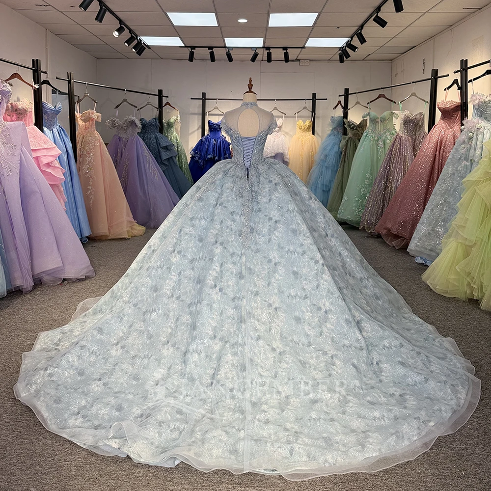 멕시코 반짝이는 비즈 장식 킨세아녜라 드레스 민소매 볼 가운 하이 칼라 스위트 16 드레스 맞춤 제작 베스티도스 데 15 킨세아녜라