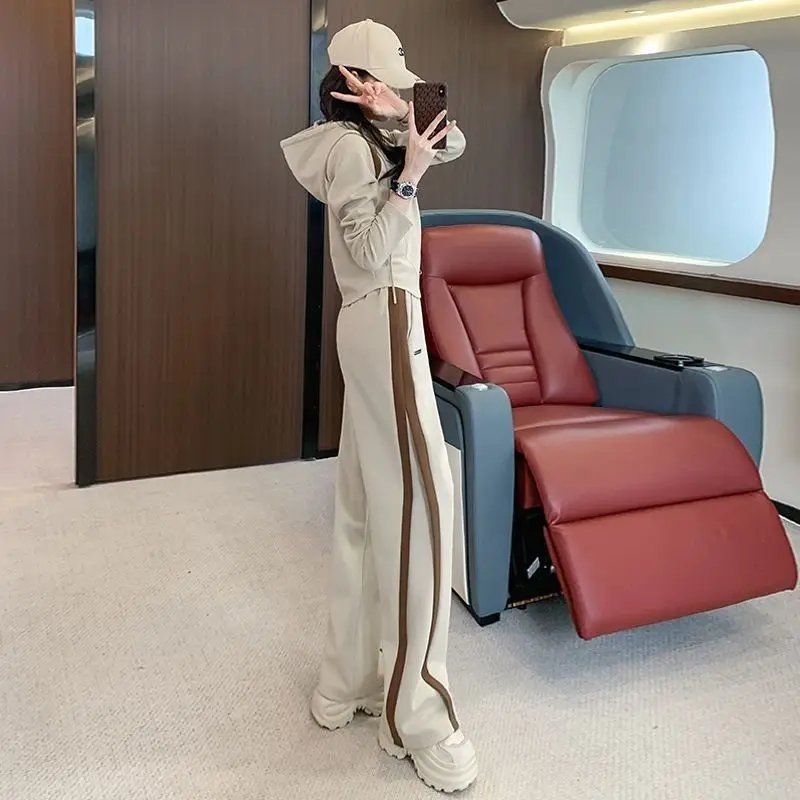 

Women's Casual Sportswear Set Spring Autumn Hooded Open Cardigan Sweatshirt Wide Leg Pants Slimming Two Piece Ensemble
