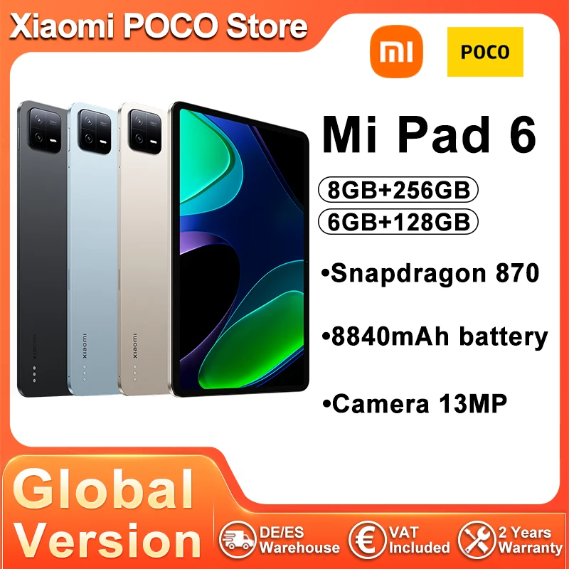 Xiaomi Mi Pad 6 Global Version Snapdragon 870 128GB/256GB Tablet 11 ''WQHD + 144Hz Bluetooth Fast Charging 8840mAh Battery