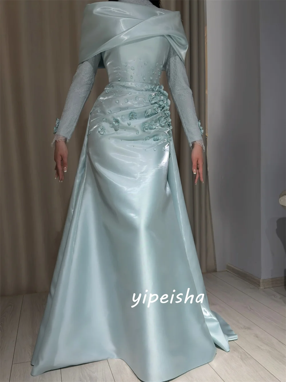 

Customized Intricate Luxury Handmade Flower Beading Lace Pleat Mermaid High Collar Floor-Length Evening Dresses for Woman