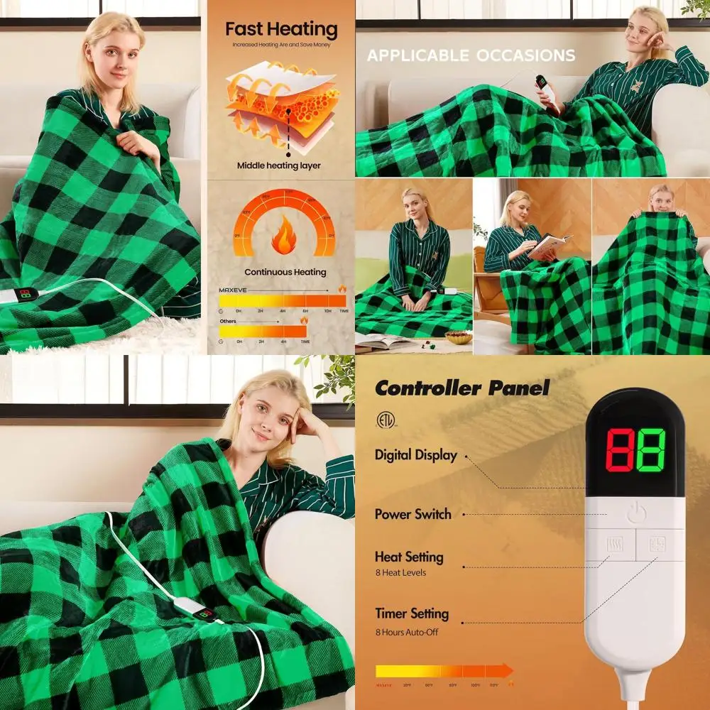 

62x84 Sherpa Buffalo Plaid Electric Heated Christmas Twin Blanket, 8 Heat Levels, 8-Hour Auto Off, Washable with Overheat Protec