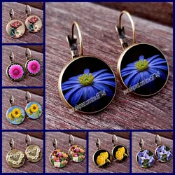 National flower rose carnation peony pomegranate flower cherry cornflower water lily tulip iris ladies glass cabochon earrings