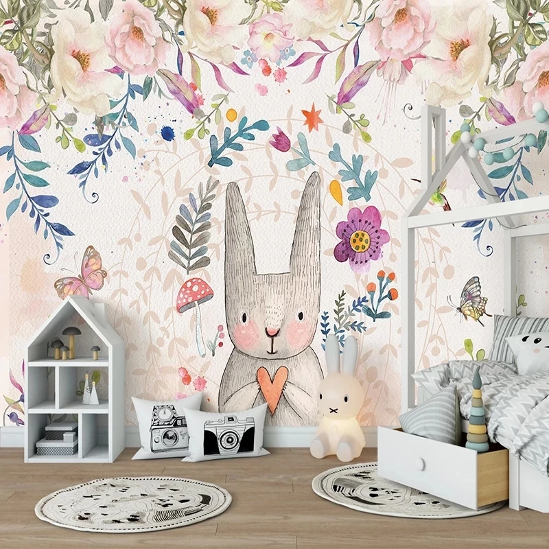 Custom 3D Mural Wallpaper Cartoon Rabbit Flower Bedroom Children's room Living room sofa TV background wall bedroom restaurant