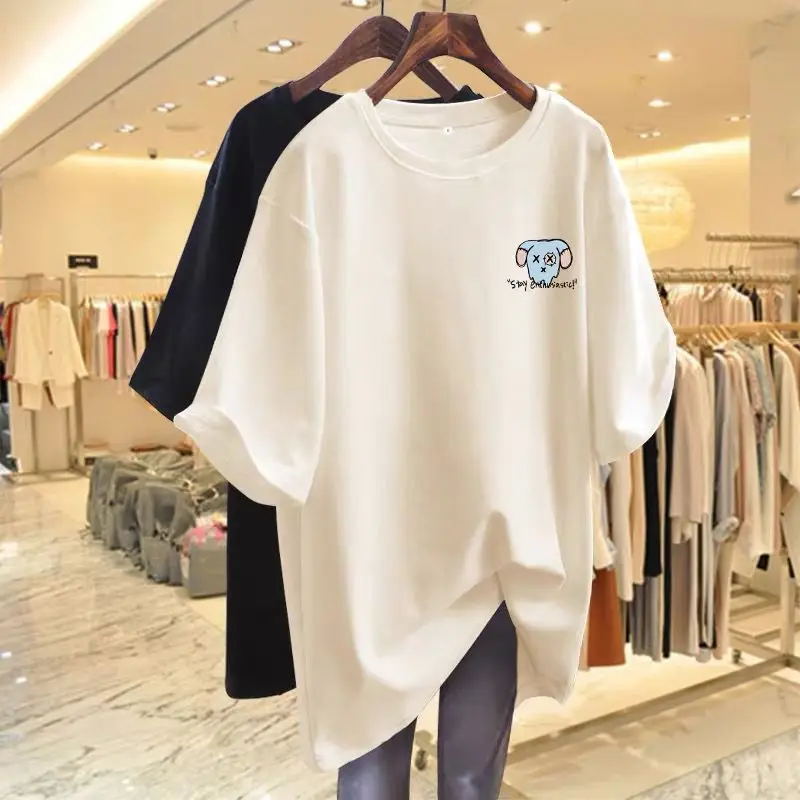 Woman Pure Cotton Round Neck Solid Color T-shirt 2024 Summer New Lovely Puppy Fashion Top Lady Basic Loose Short Sleeved Tees