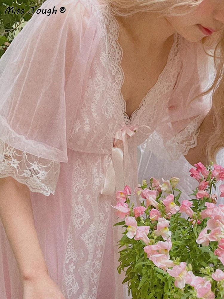 Summer Pink France Vintage Fairy Dress Women Lace Sexy Sweet Elegant Strap Dress Female Flower Chiffon Korean Long Dresses 2022