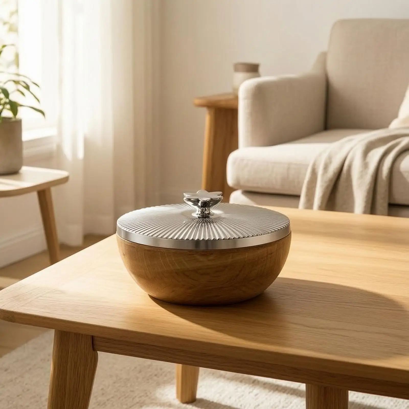 Wood and Stainless Steel Fabric Box Ridged Texture Round Container Flower Knob Snack Jar for Tea Table