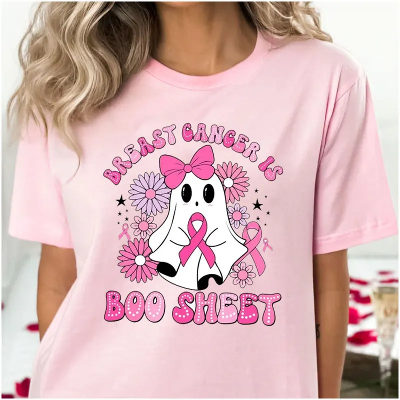 Breast Cancer Is Boo Sheet Cute Ghost Coquette Fight Halloween Breast Cancer  Aesthetic Clothes Pink Print Women Clothing Cotton