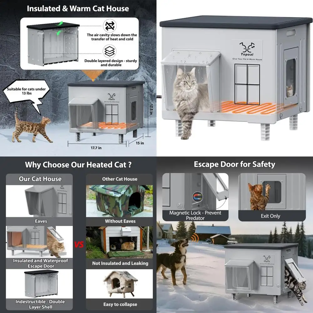 

Rugged Outdoor Heated Cat Shelter - Waterproof & Insulated for Winter, Escape Door, 17.7x15x17.5 in