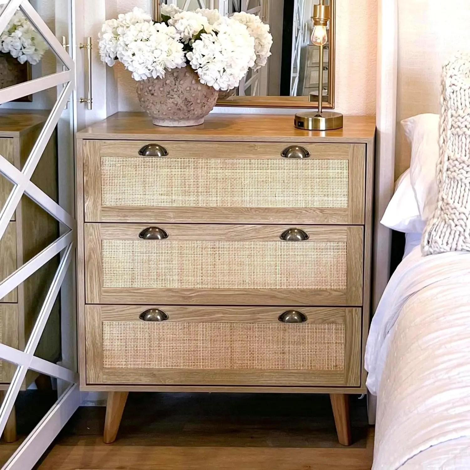 Natural Rattan Nightstand 3 Drawer Bedside Table Bedroom Storage Furniture, Customized