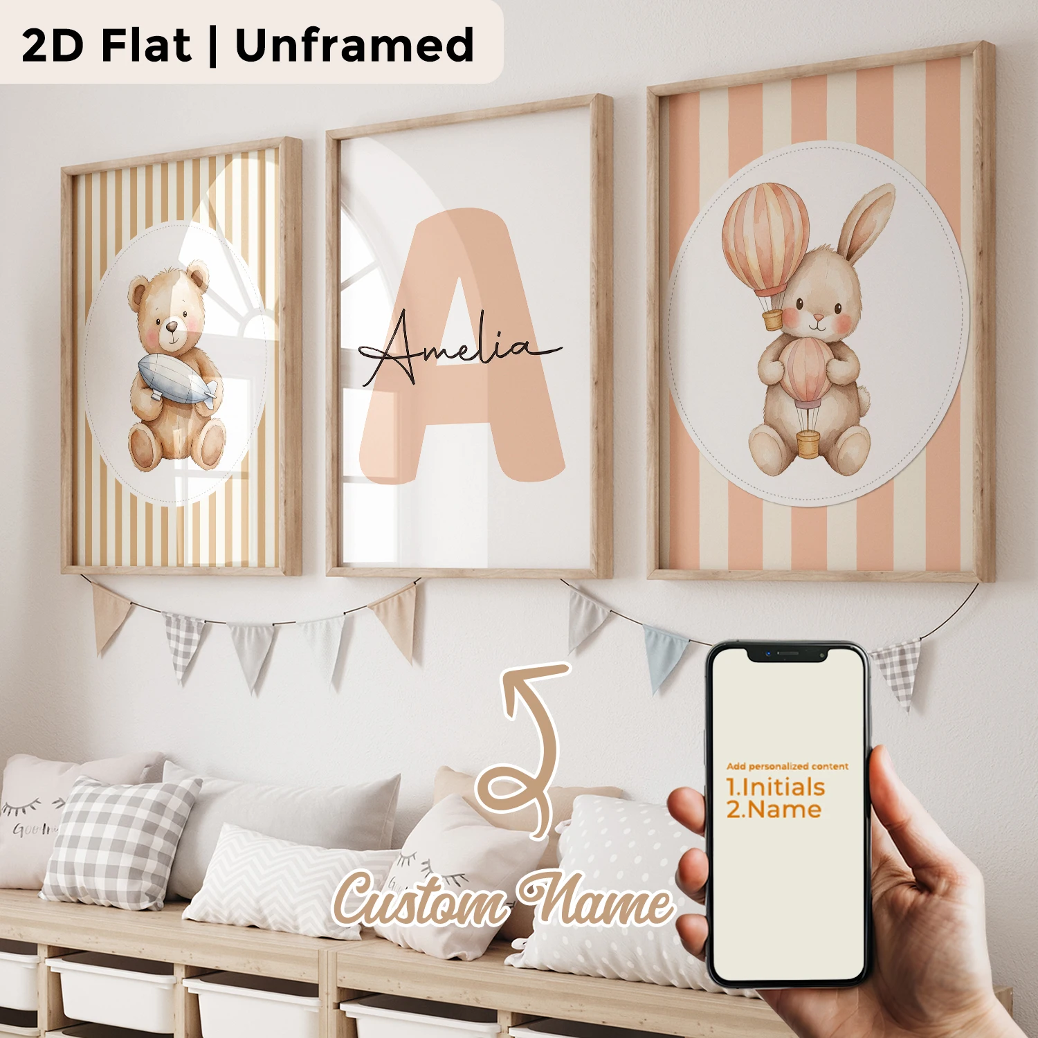 3pcs Personalized Custom Name Cartoon Child Bear Rabbit Wall Art Print Picture Canvas Poster Painting For Living Room Home Decor