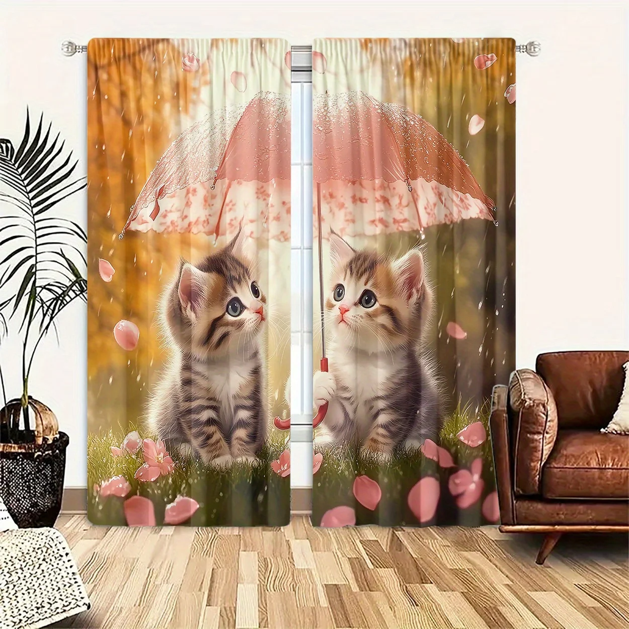 Spring Kitten Rod Pocket Curtain Twin Tabby Cats Lace Parasol Falling Petal Soft Warm Pattern Lovely Bedroom Living Decoration