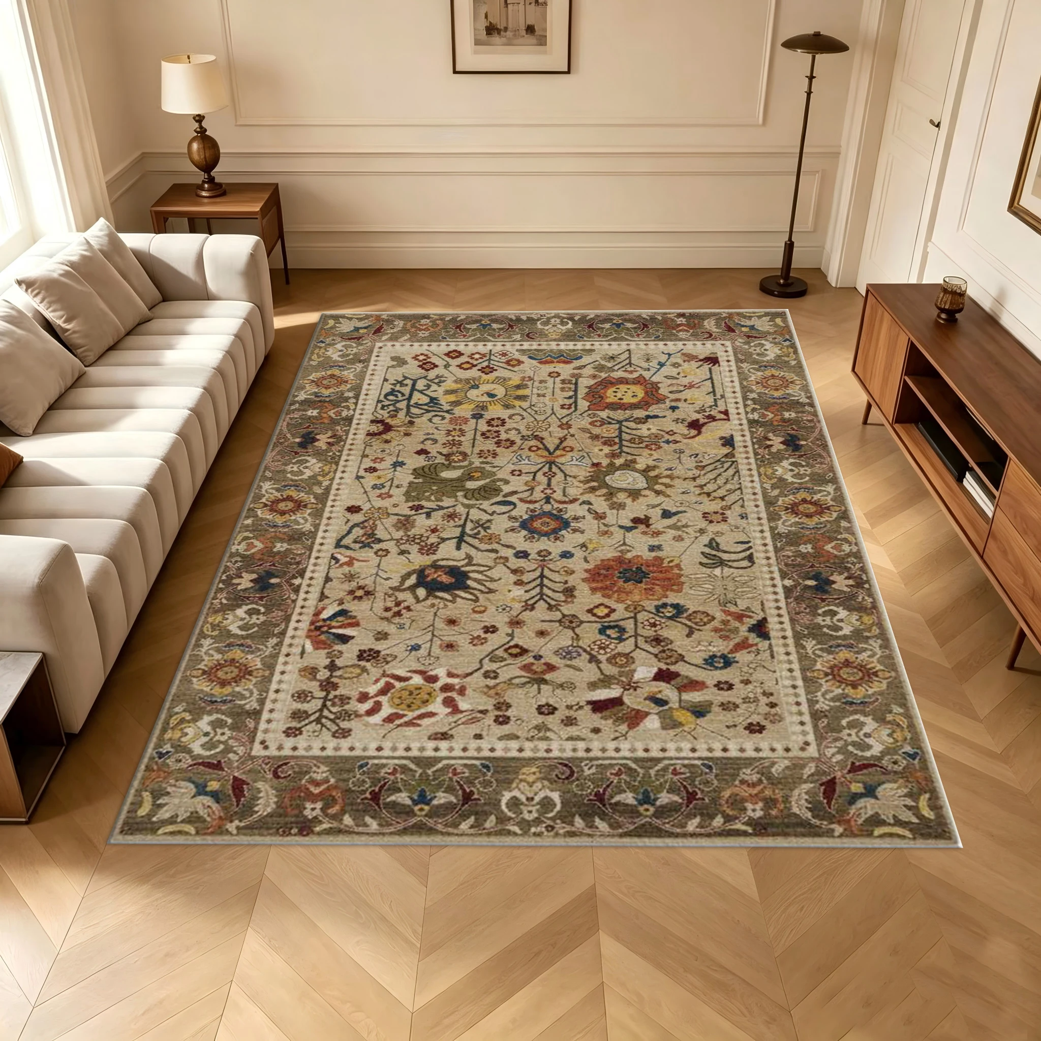 Beige Floral Plant Pattern Traditional Carpet Vintage Ethnic Carpet Floor Mat for Living Room Indoor Use