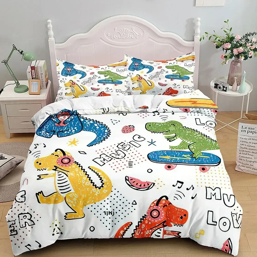 

Cartoon Dinosaur Bedding Set Full King Queen Size,Cute Animal World Duvet Cover Orange Yellow Polyester Comforter Quilt Cover