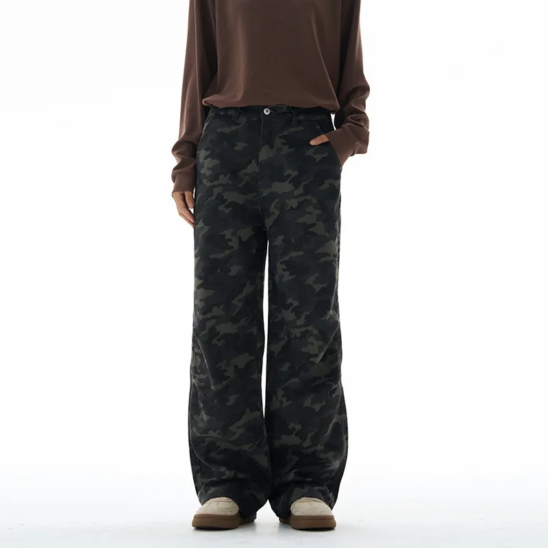 WTHT خمر الرجال التمويه فضفاض النمط الأمريكي الدنيم السراويل موضة عالية الخصر مستقيم الجينز الذكور 2025 الخريف 2A1822