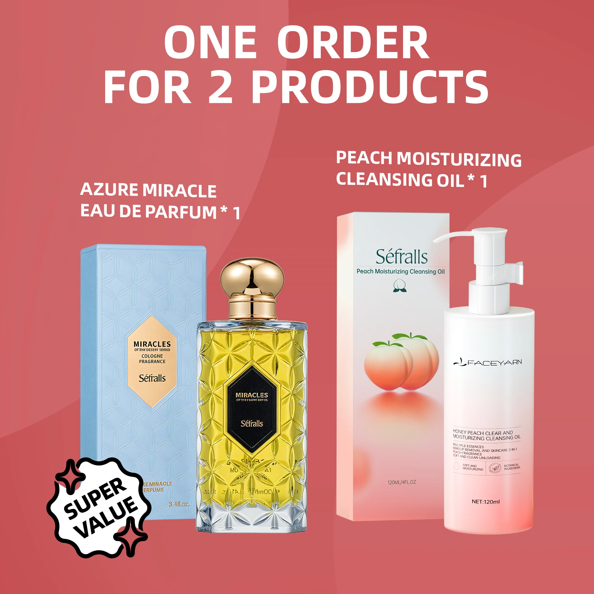 Séfralls This captivating bundle includes AZURE MIRACLE Eau de Cologne 100ml and a 120ml Peach Moisturizing Cleans oil