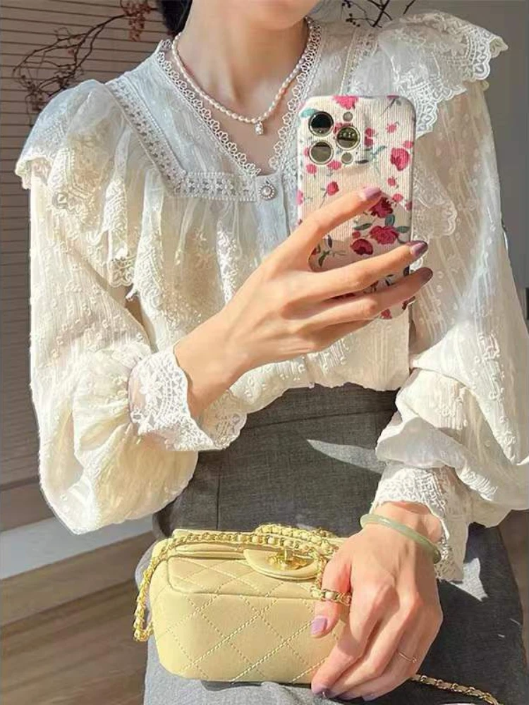 Vintage Women Shirts Lace Lolita Elegant Long Sleeve French Flounce Blouse Office Lady New Fashion Chic Female Tops Sweet Autumn