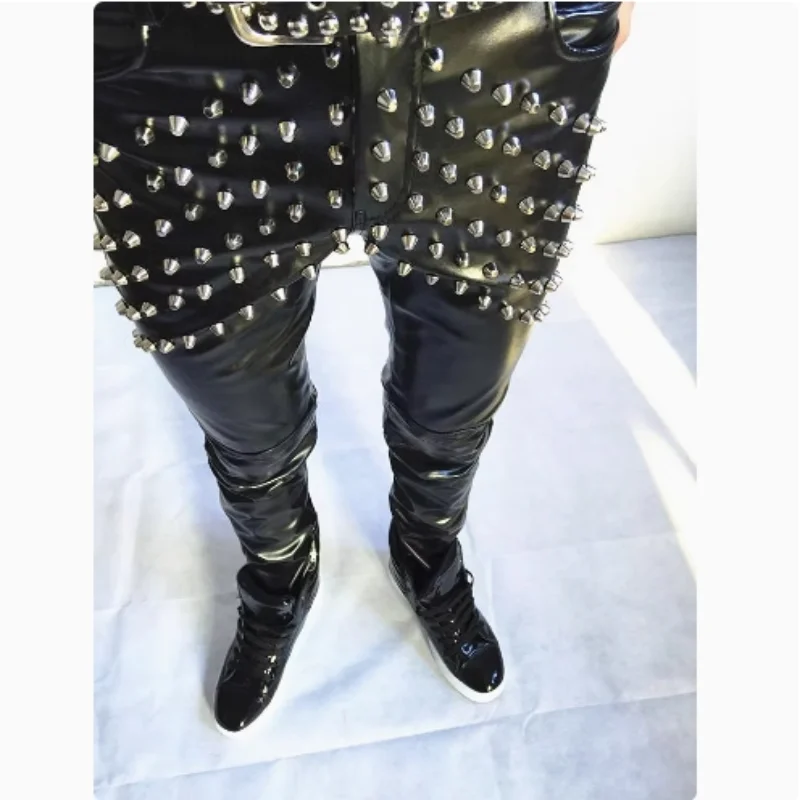 

Plus Size Fashion Male Black Metal Rivet Leather Pants Rock Band Singers Dancer Stage Performance Costume Bar Punk Slim Trousers