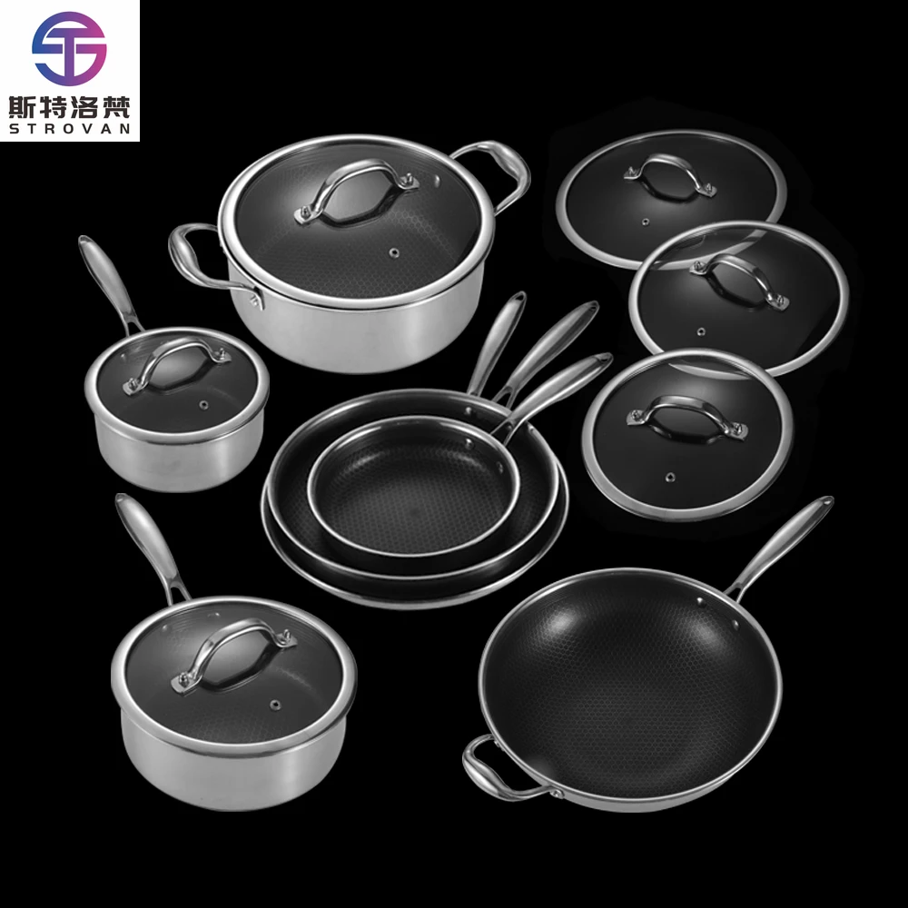 

13 Pc Hex Hybrid Cookware Set W/ Lids Non Stick Stainless Steel Wok Clad Kitchenware Clod 3-ply Stainless Steel Honeycomb