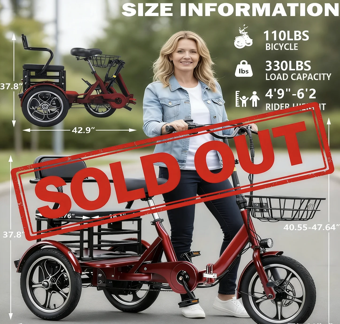 

750W Adults Foldable two seats Electric Tricycle 7-Speed Electric Trike 48V 15AH Removable Battery Electric Bike PAS 60 Miles