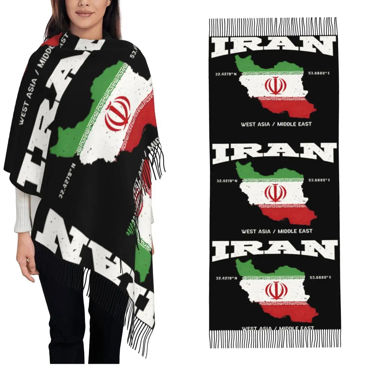 

Warm Scarf Winter Iranian Flag Map Shawls and Wraps Iran Coordinates New Design Foulard Women Vintage Large Scarves