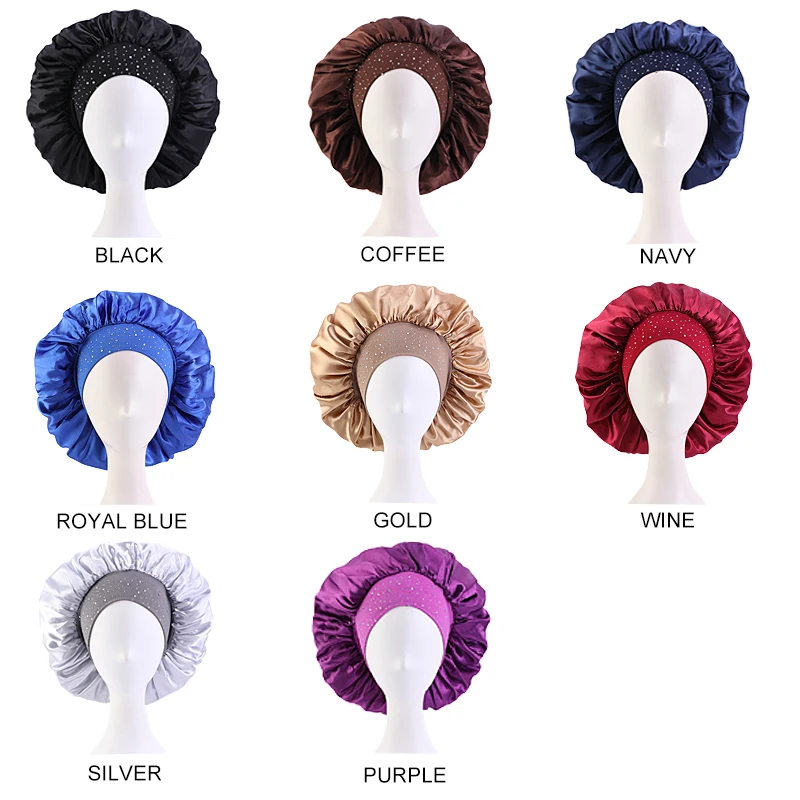 New Women Satin Night Sleep Cap Hair Bonnet Hat reathable Fabric Rhinestone Women Sleeping Hat for Travel Thick Shower Cap