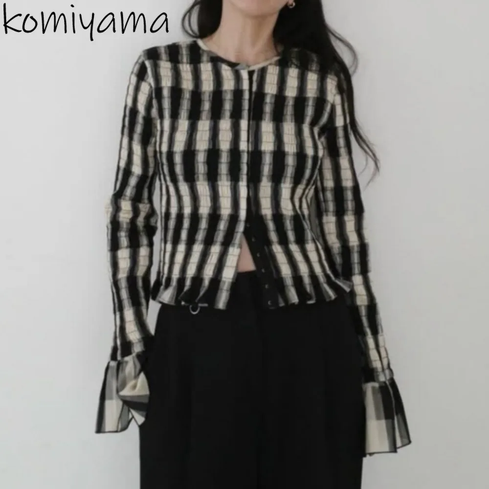 

O-neck Flare Long Sleeve Ropa Mujer Japan Plaid 2025 Woman Shirts & Blouses Elegant Moda Blusas Autumn New Clothing Camisas