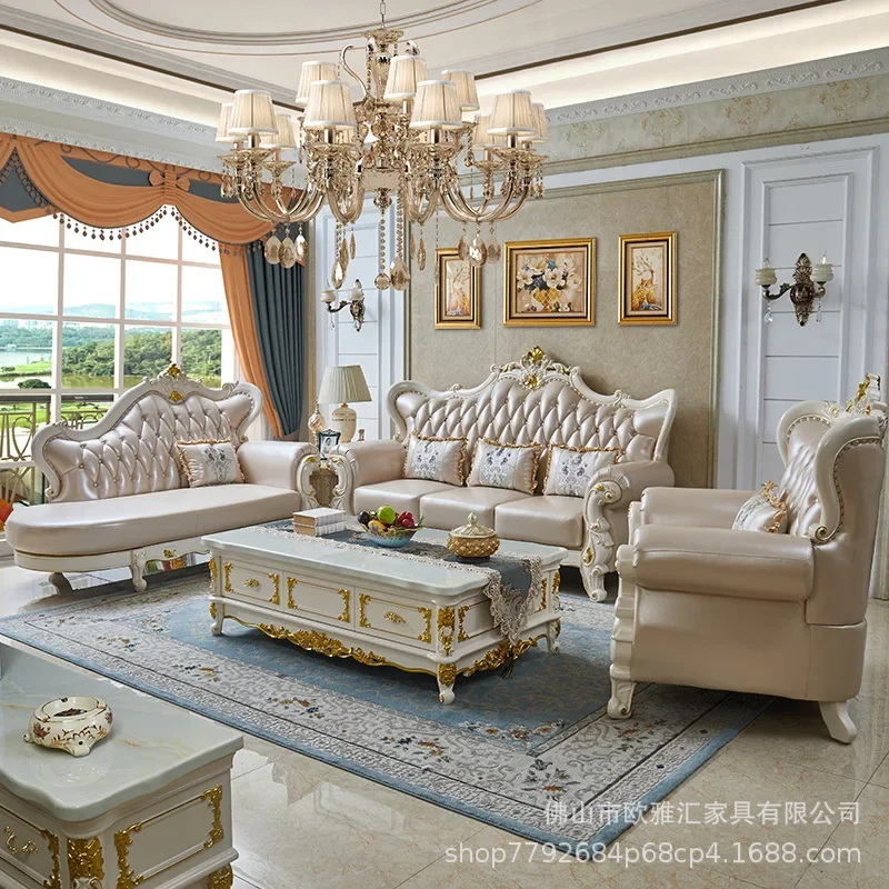 TAO European leather sofa 123 combination large apartment living room luxury all solid wood double-sided carved first layer cowh