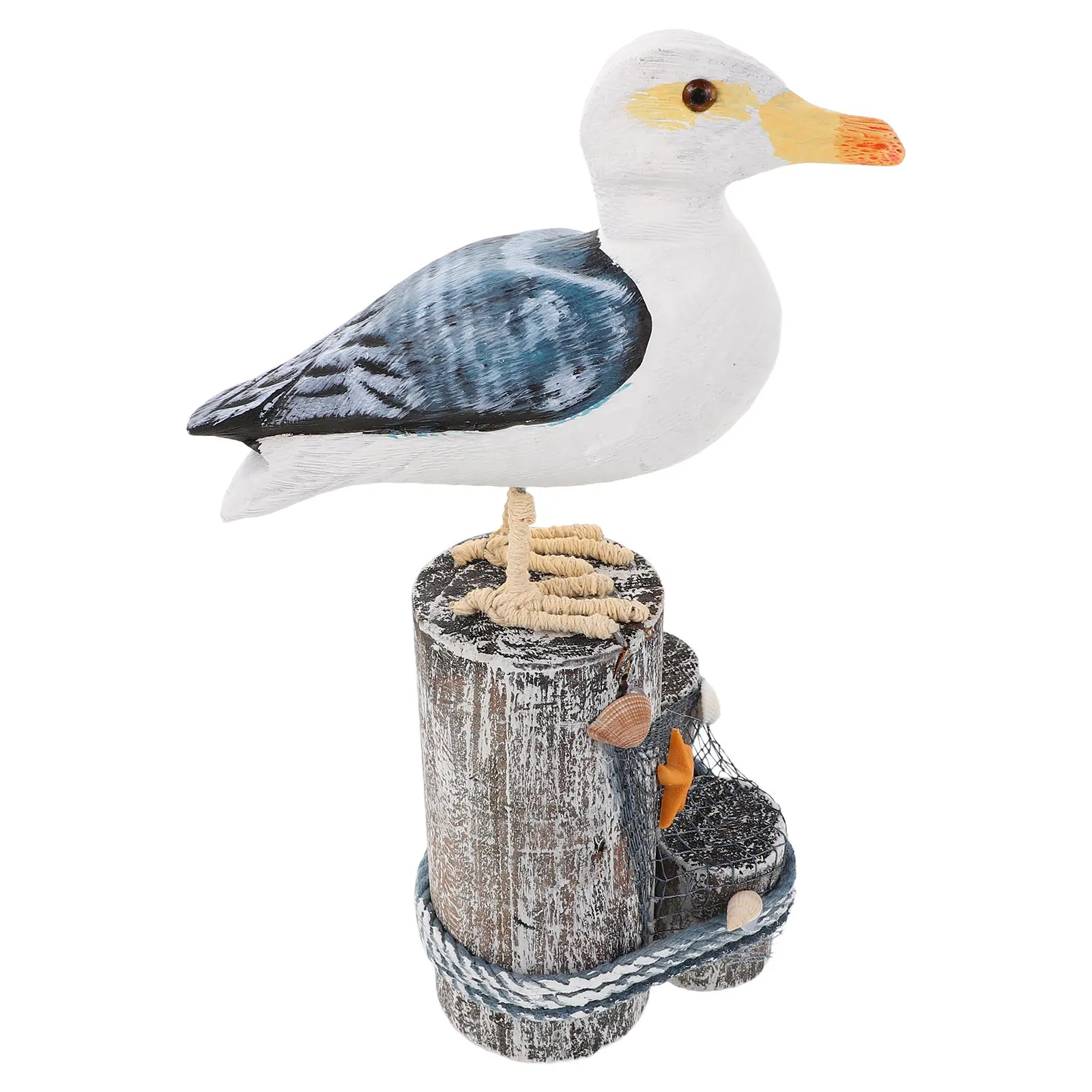 Sturdy Solid Wood Seabird Sculpture Mediterranean Style Intricate Carving Natural Stump Base Coastal Nautical Home Decor Accent