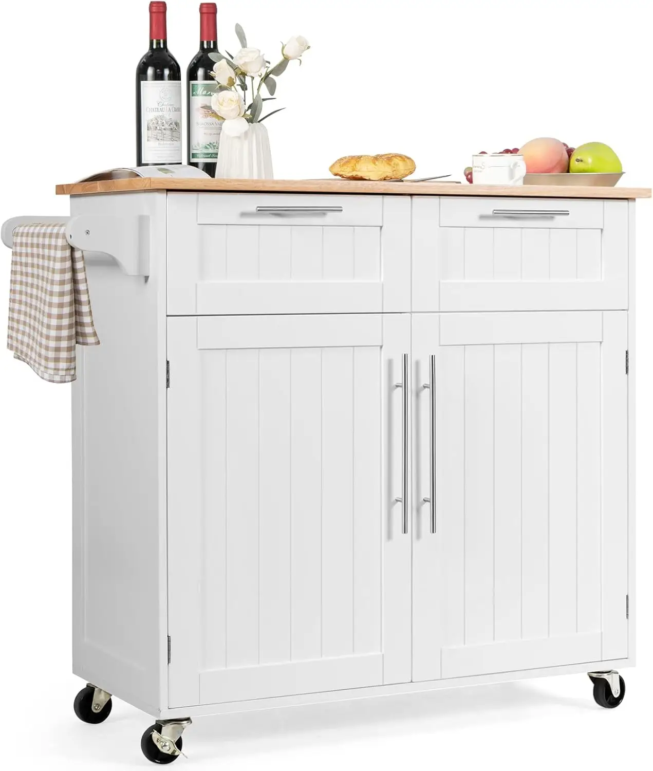 Kitchen Island Cart on Wheels, with Side Towel Bar, 2 Drawers, 2 Door Cabinet, Rolling Trolley Cart with Rubber Wood Top (White)